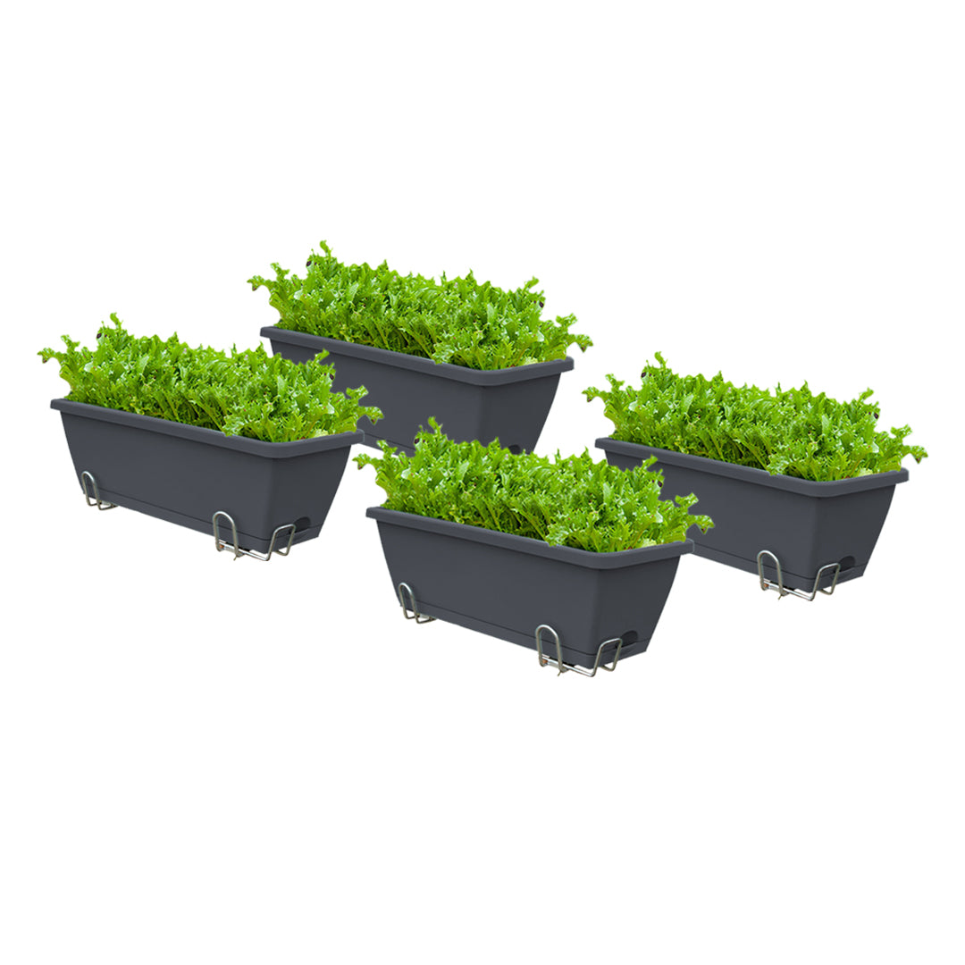 SOGA 49.5cm Black Rectangular Planter Vegetable Herb Flower Outdoor Plastic Box with Holder Balcony Garden Decor Set of 4 - Cafe Supply