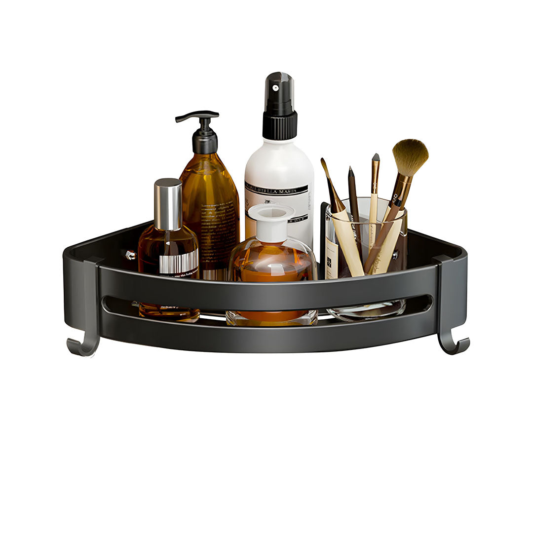 SOGA Black Wall-Mounted Triangular Bathroom Storage Corner Vanity Organiser Space Saving Adhesive Shelf Rack with Hooks - Cafe Supply