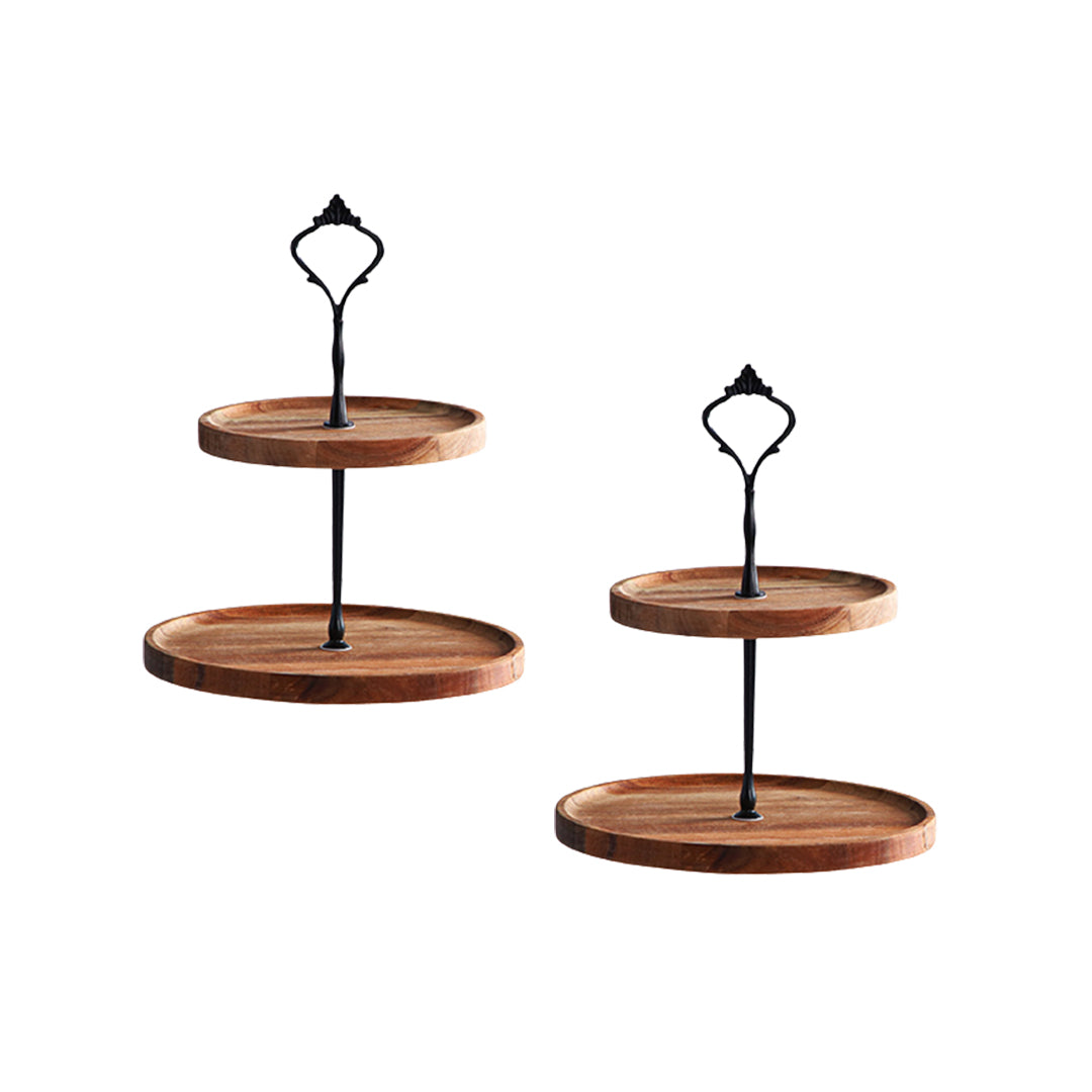SOGA 2X 20cm 2 Tier Brown Round Wooden Acacia Dessert Tray Cake Snacks Cupcake Stand Buffet Serving Countertop Decor - Cafe Supply