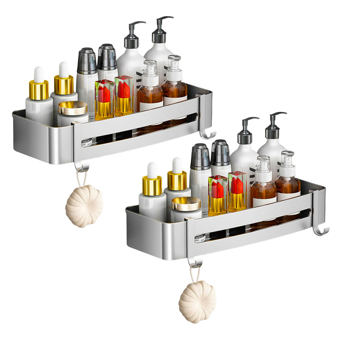 SOGA 2X Silver Wall-Mounted Rectangular Bathroom Storage Organiser Space Saving Adhesive Shelf Rack with Hooks - Cafe Supply