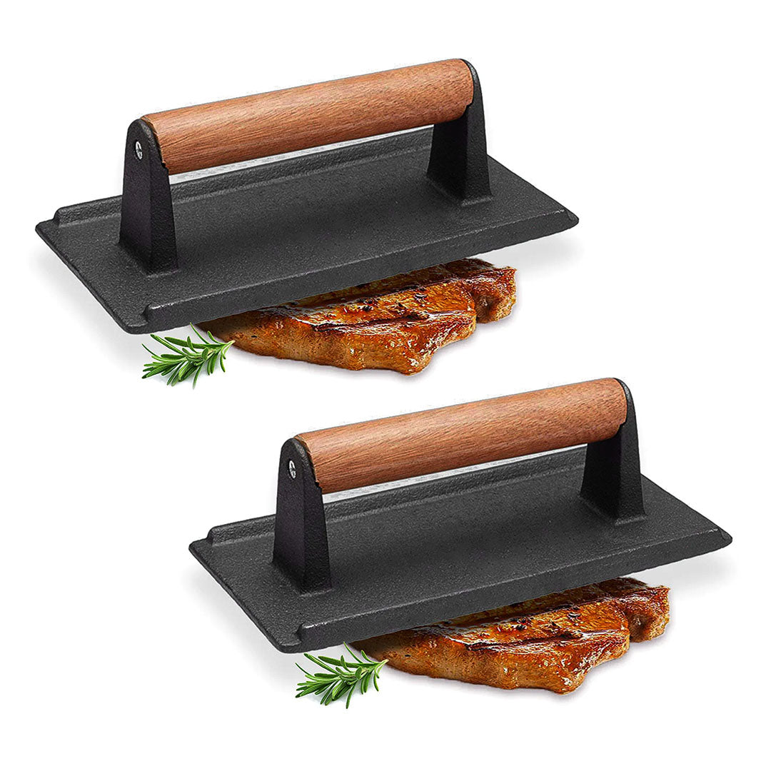 SOGA 2X Cast Iron Bacon Meat Steak Press Grill BBQ with Wood Handle Weight Plate - Cafe Supply