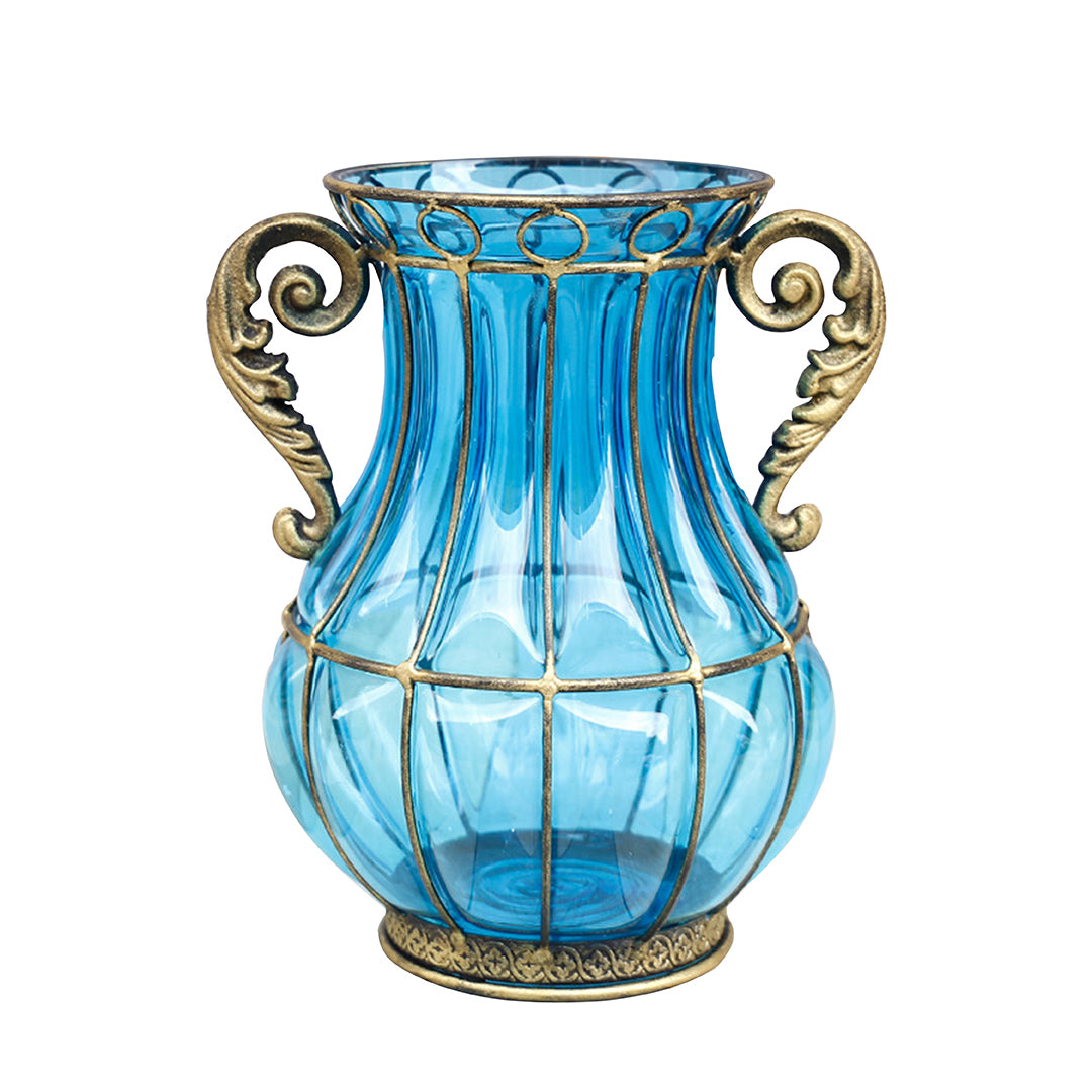 SOGA Blue Colored European Glass Home Decor Flower Vase with Two Metal Handle - Cafe Supply