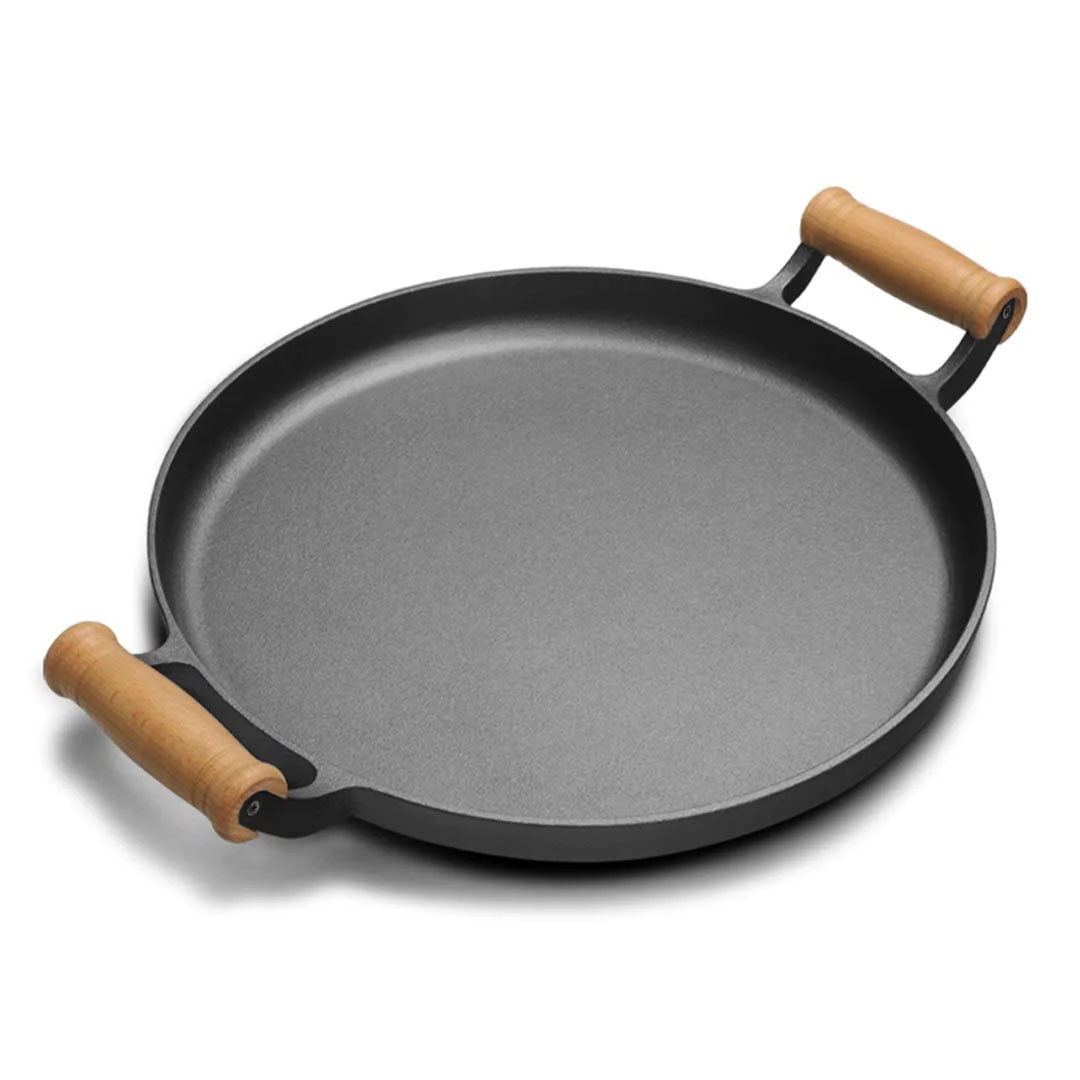 SOGA 31cm Cast Iron Frying Pan Skillet Steak Sizzle Fry Platter With Wooden Handle No Lid - Cafe Supply