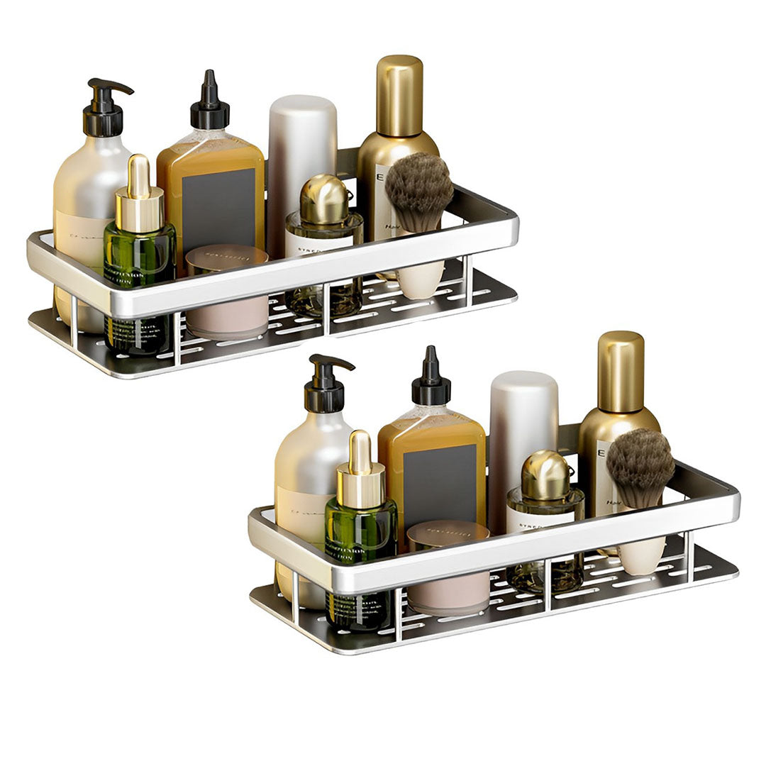 SOGA 2X Silver Wall-Mounted Rectangular Bathroom Storage Organiser Space Saving Adhesive Shelf Rack - Cafe Supply