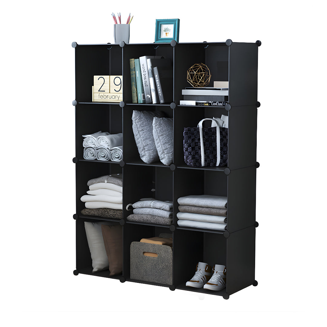 SOGA 4 Tier 12-Cube Black Portable Wardrobe Divide-Grid Modular Storage Organiser Foldable Closet - Cafe Supply