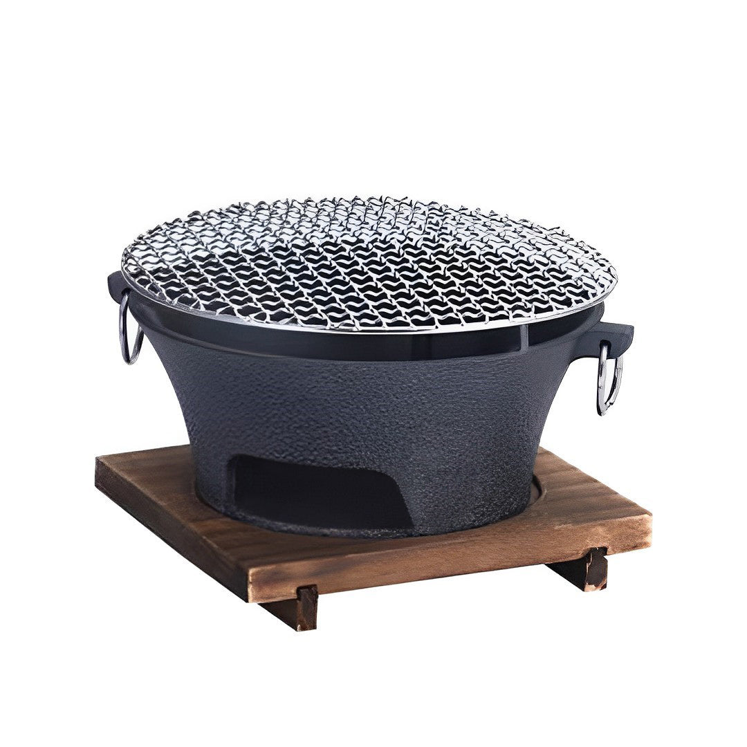 SOGA Small Cast Iron Round Stove Charcoal Table Net Grill Japanese Style BBQ Picnic Camping with Wooden Board - Cafe Supply
