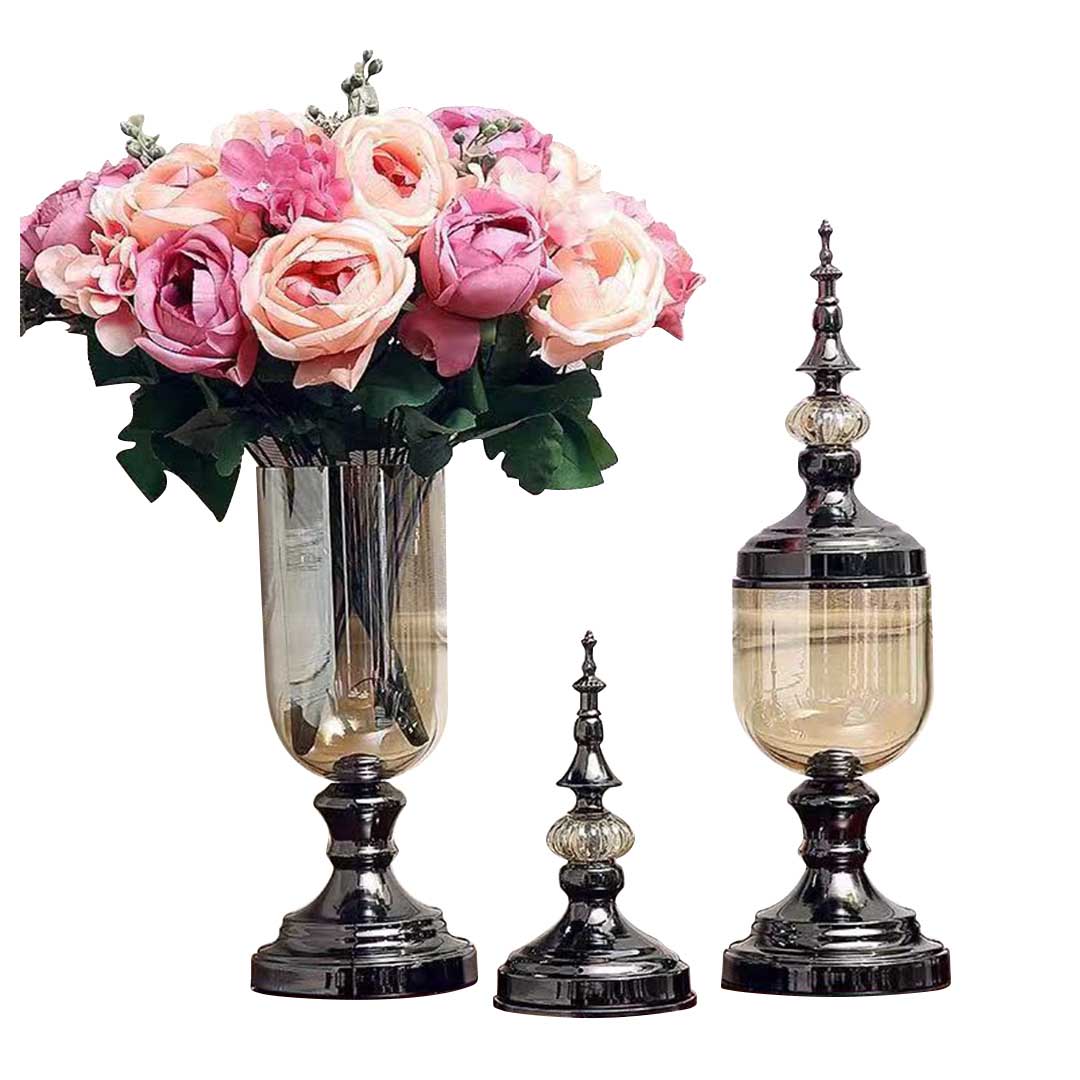 SOGA 2X Clear Glass Flower Vase with Lid and Pink Flower Filler Vase Black Set - Cafe Supply