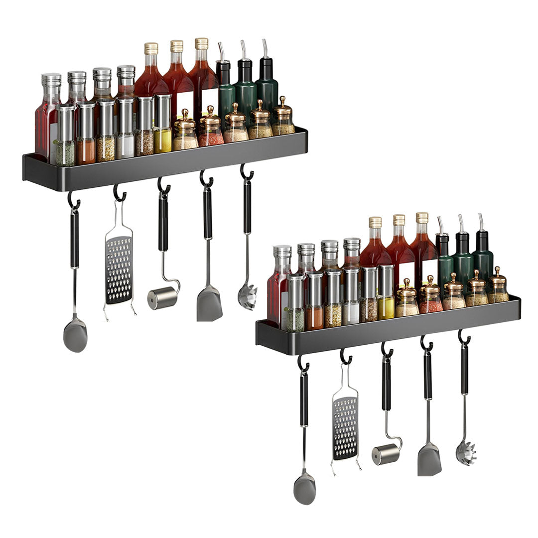 SOGA 2X 32cm Black Wall-Mounted Rectangular Kitchen Spice Storage Organiser Space Saving Condiments Shelf Rack with Hooks - Cafe Supply