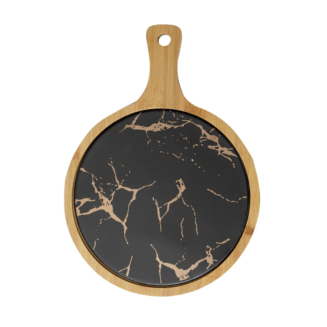 SOGA 30cm Black Circle Wooden Serving Tray Slate Steak Serving Platter Chopping Board Paddle Home Decor - Cafe Supply