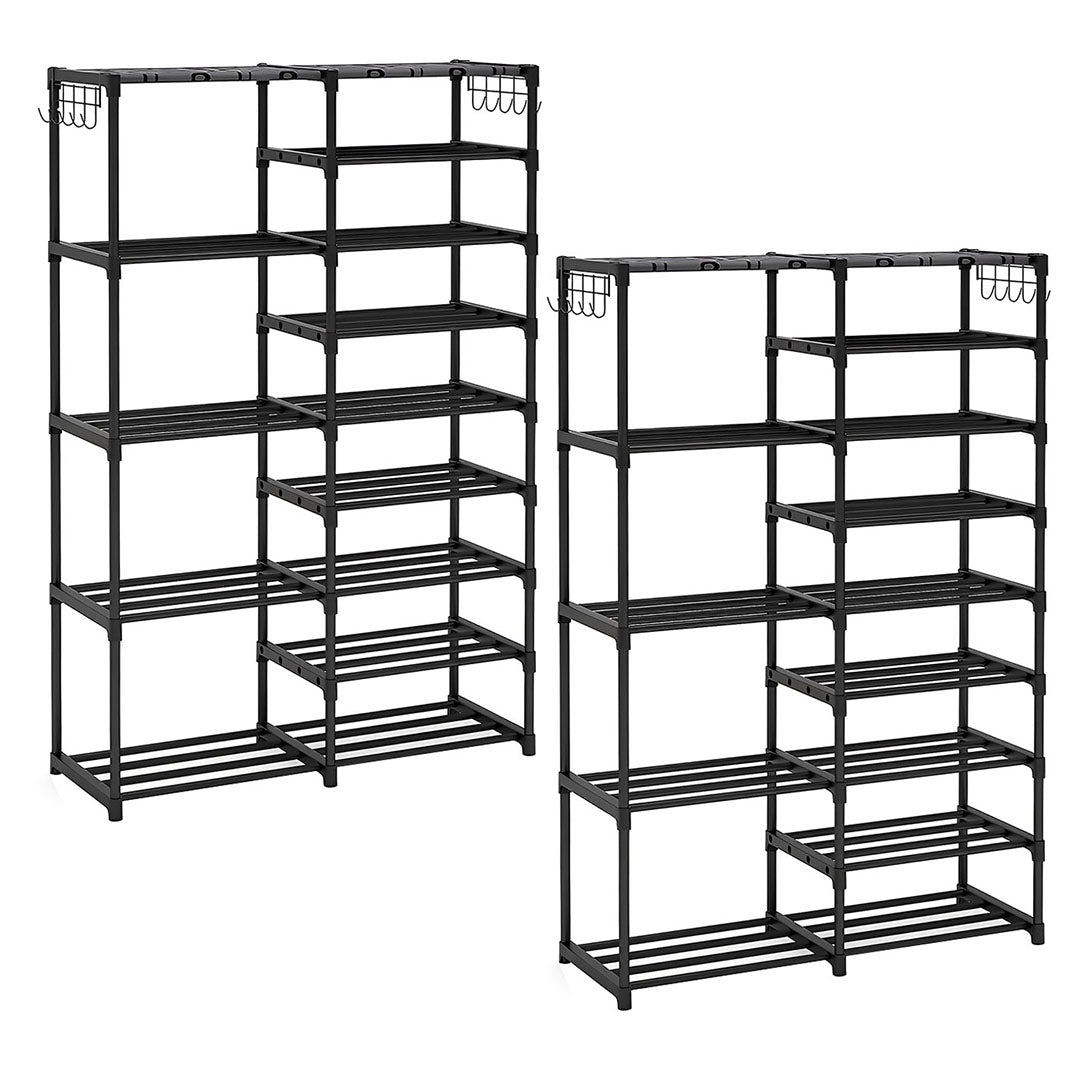 SOGA 2X 16-Shelf Tier Shoe Storage Shelf Space-Saving Caddy Rack Organiser with Side Hooks Black - Cafe Supply