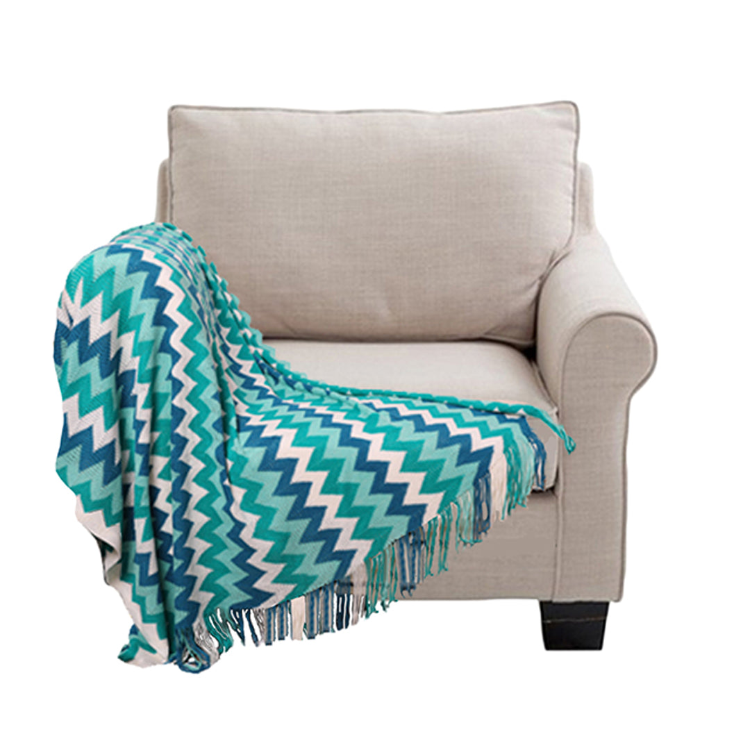 SOGA 220cm Blue Zigzag Striped Throw Blanket Acrylic Wave Knitted Fringed Woven Cover Couch Bed Sofa Home Decor - Cafe Supply