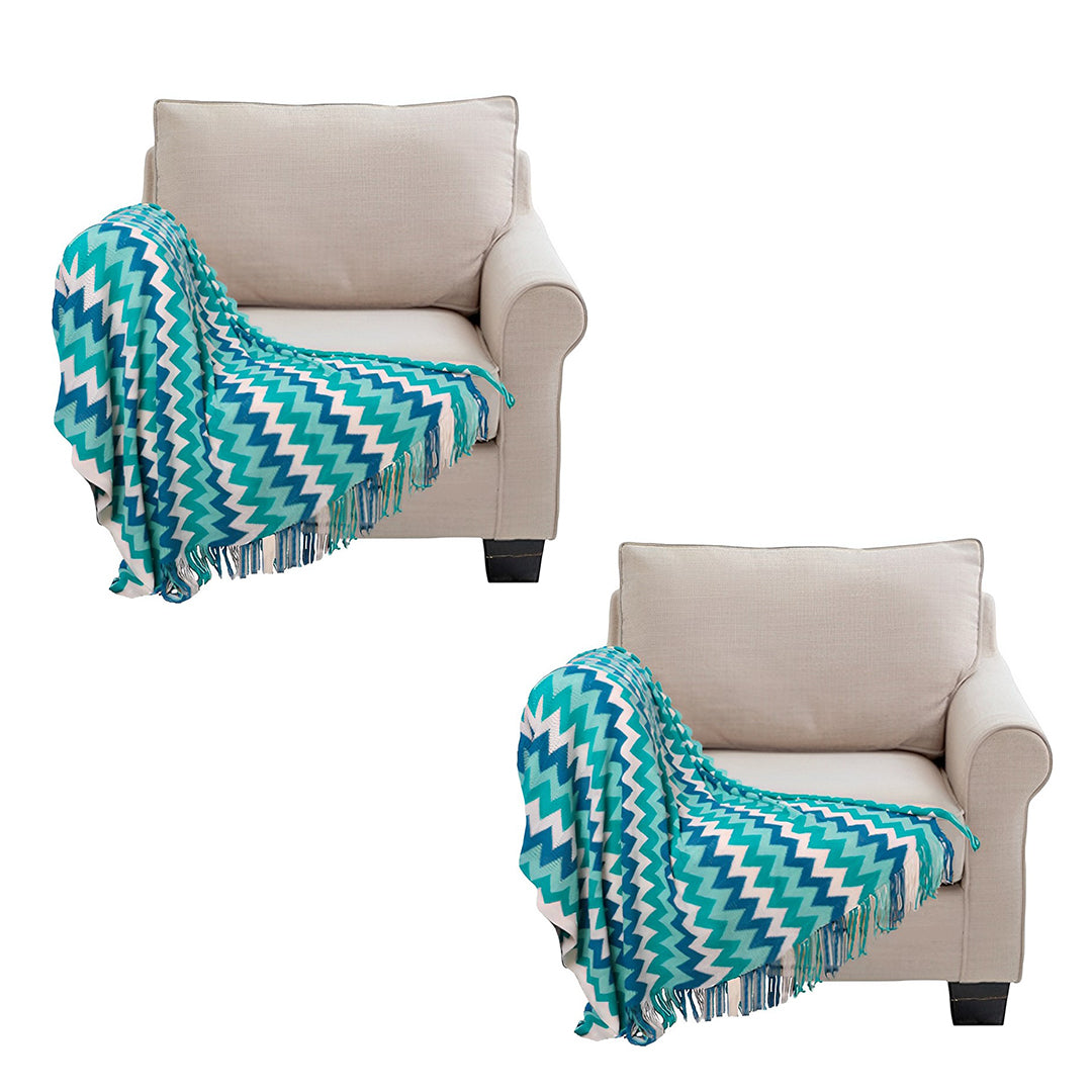 SOGA 2X 220cm Blue Zigzag Striped Throw Blanket Acrylic Wave Knitted Fringed Woven Cover Couch Bed Sofa Home Decor - Cafe Supply