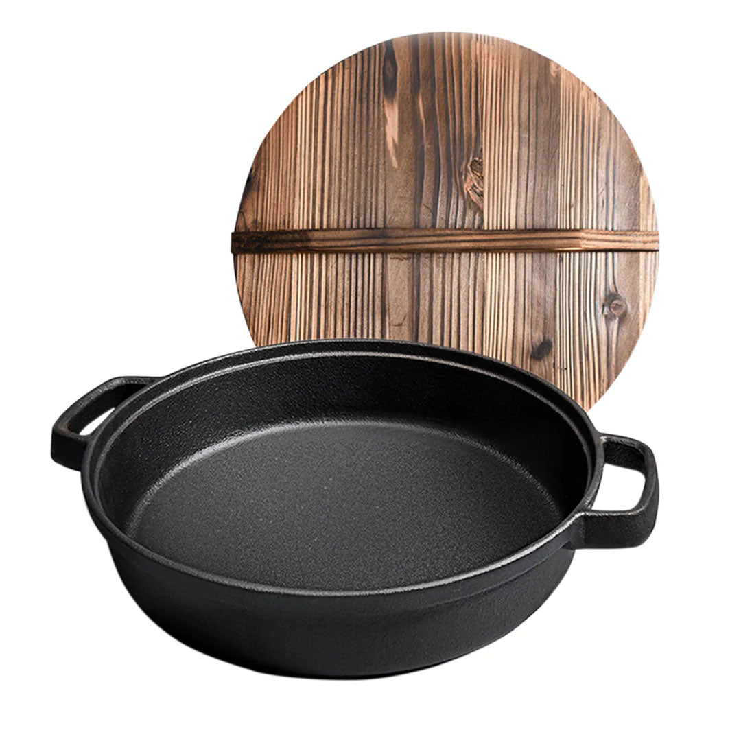 SOGA 35cm Round Cast Iron Pre-seasoned Deep Baking Pizza Frying Pan Skillet with Wooden Lid - Cafe Supply