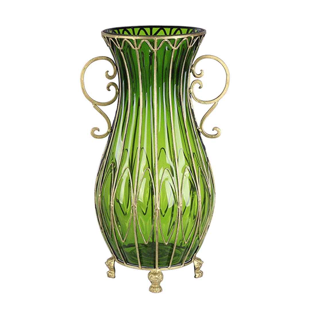 SOGA 51cm Green Glass Oval Floor Vase with Metal Flower Stand - Cafe Supply