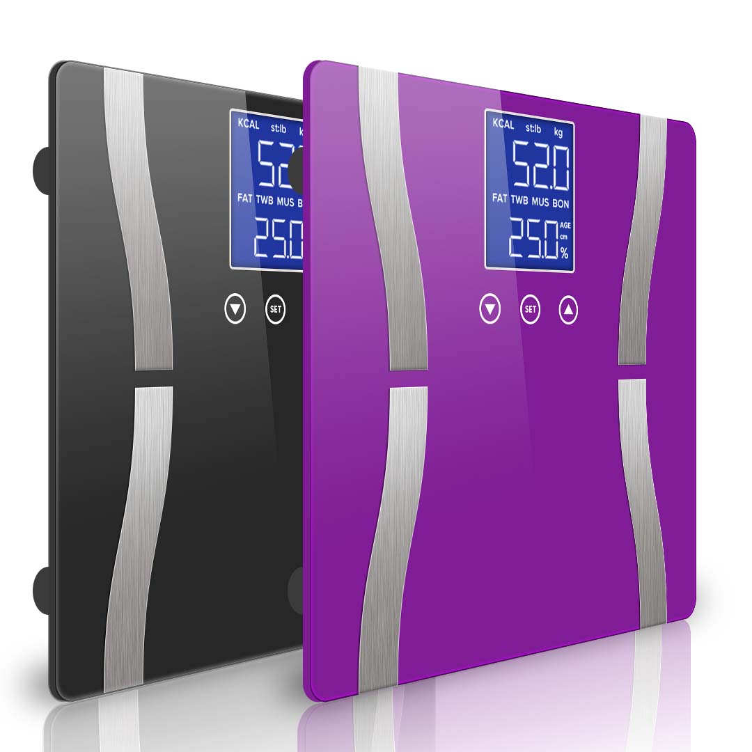 SOGA 2X Glass LCD Digital Body Fat Scale Bathroom Electronic Gym Water Weighing Scales Black/Purple - Cafe Supply