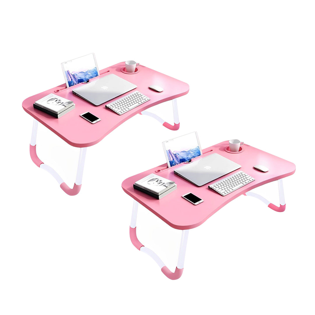 SOGA 2X Pink Portable Bed Table Adjustable Folding Mini Desk Notebook Stand Card Slot Holder with Cup-Holder Home Decor - Cafe Supply