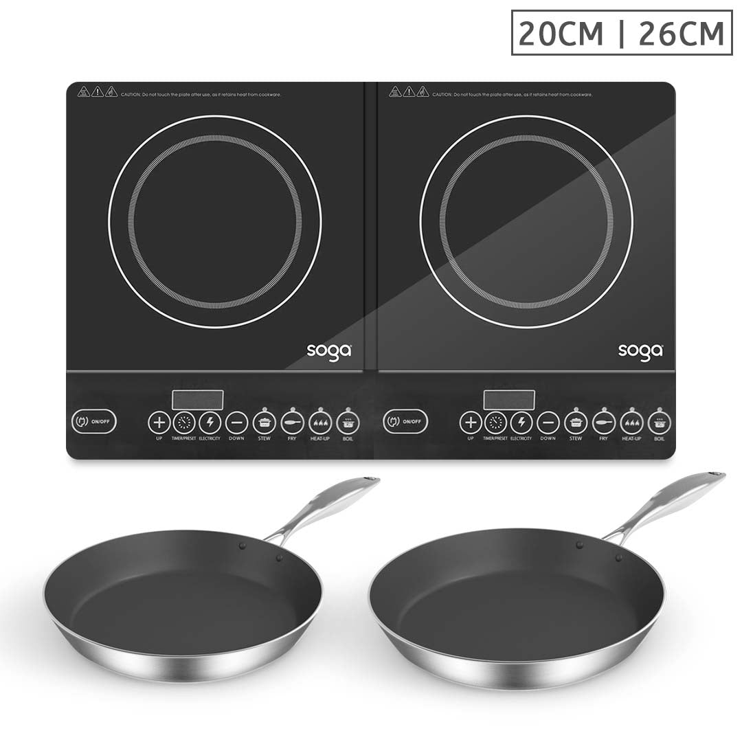 SOGA Dual Burners Cooktop Stove With 20cm and 26cm Induction Frying Pan Skillet - Cafe Supply