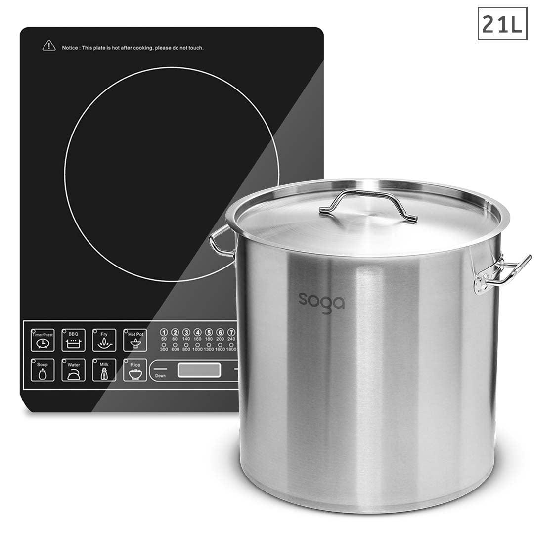 SOGA Electric Smart Induction Cooktop and 21L Stainless Steel Stockpot 30cm Stock Pot - Cafe Supply