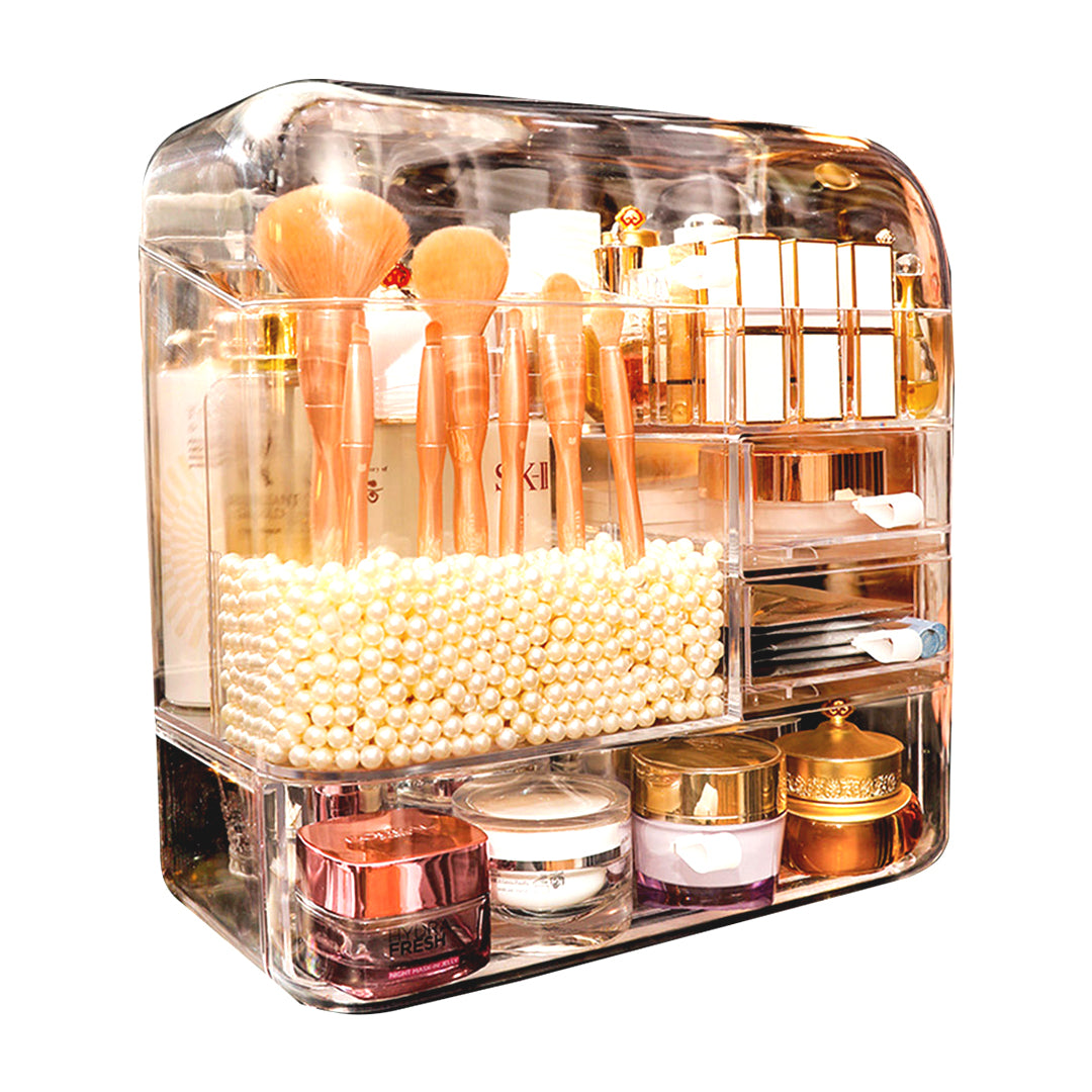 SOGA Transparent Cosmetic Storage Box Clear Makeup Skincare Holder with Lid Drawers Waterproof Dustproof Organiser with Pearls - Cafe Supply