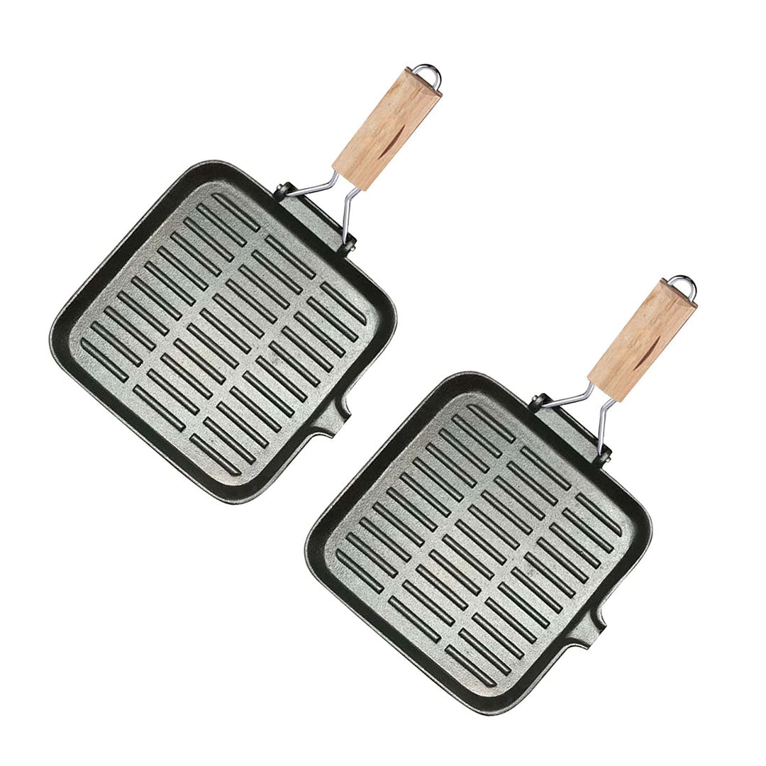 SOGA 2X 24cm Ribbed Cast Iron Square Steak Frying Grill Skillet Pan with Folding Wooden Handle - Cafe Supply