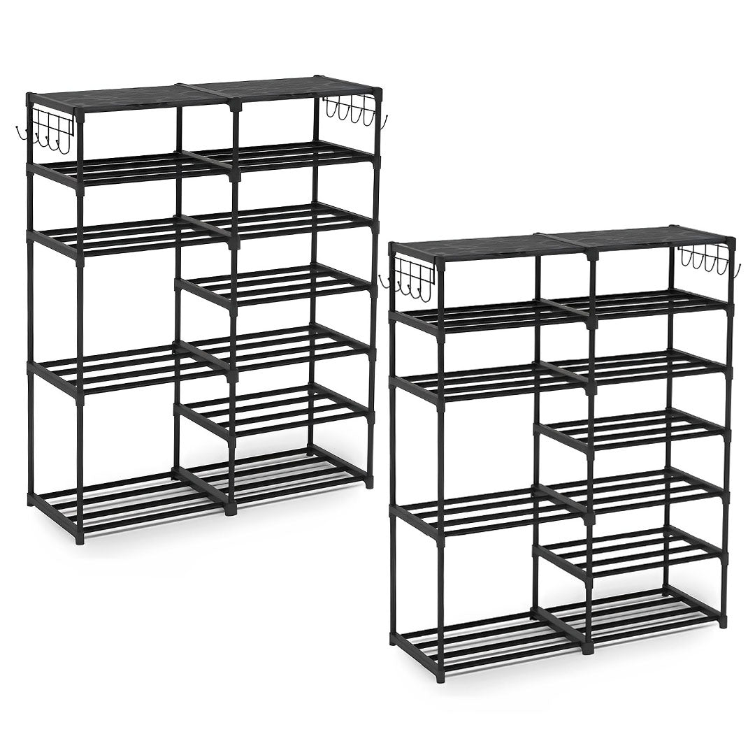 SOGA 2X 12-Shelf Tier Shoe Storage Shelf Space-Saving Caddy Rack Organiser with Side Hooks Black - Cafe Supply