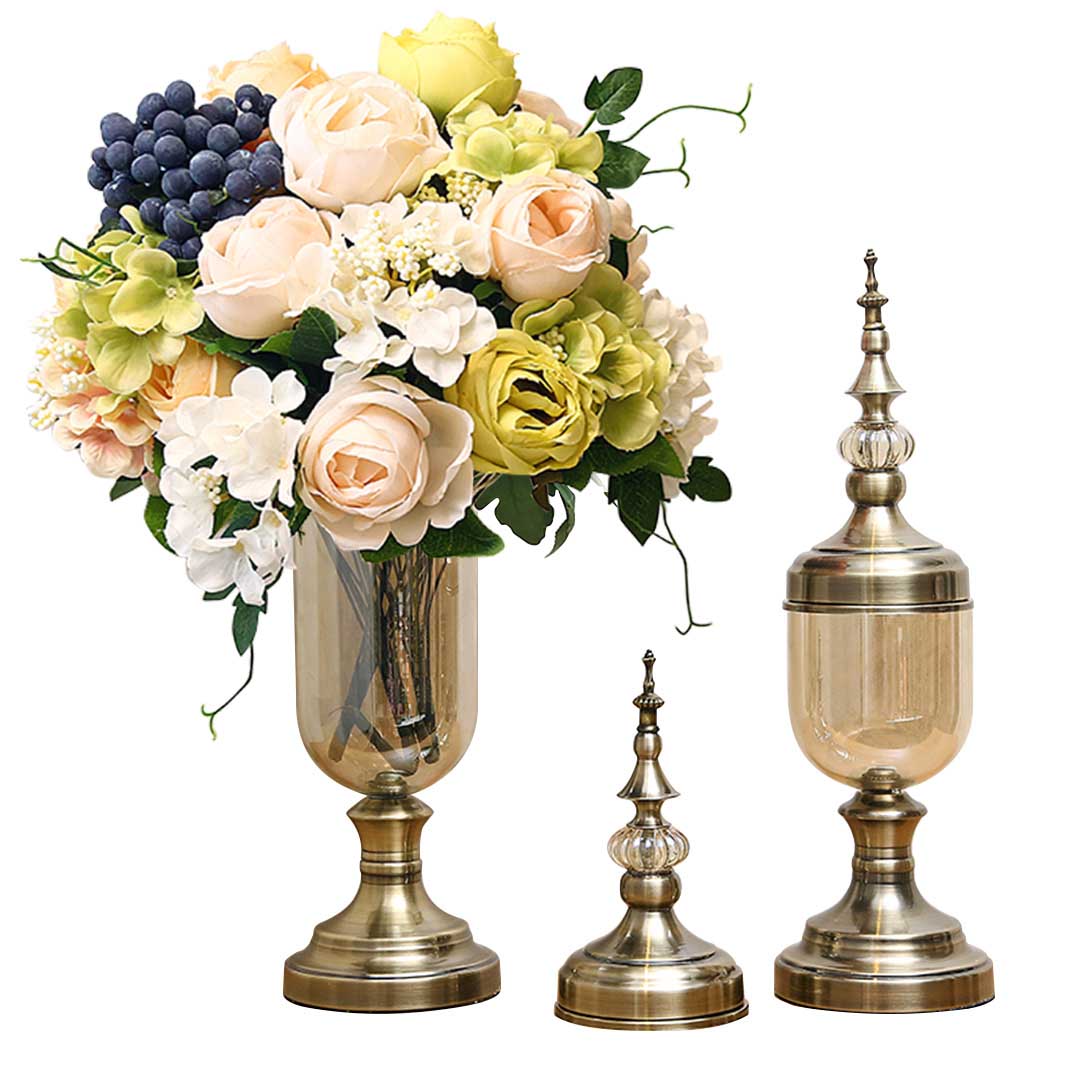 SOGA 2X Clear Glass Flower Vase with Lid and White Flower Filler Vase Bronze Set - Cafe Supply