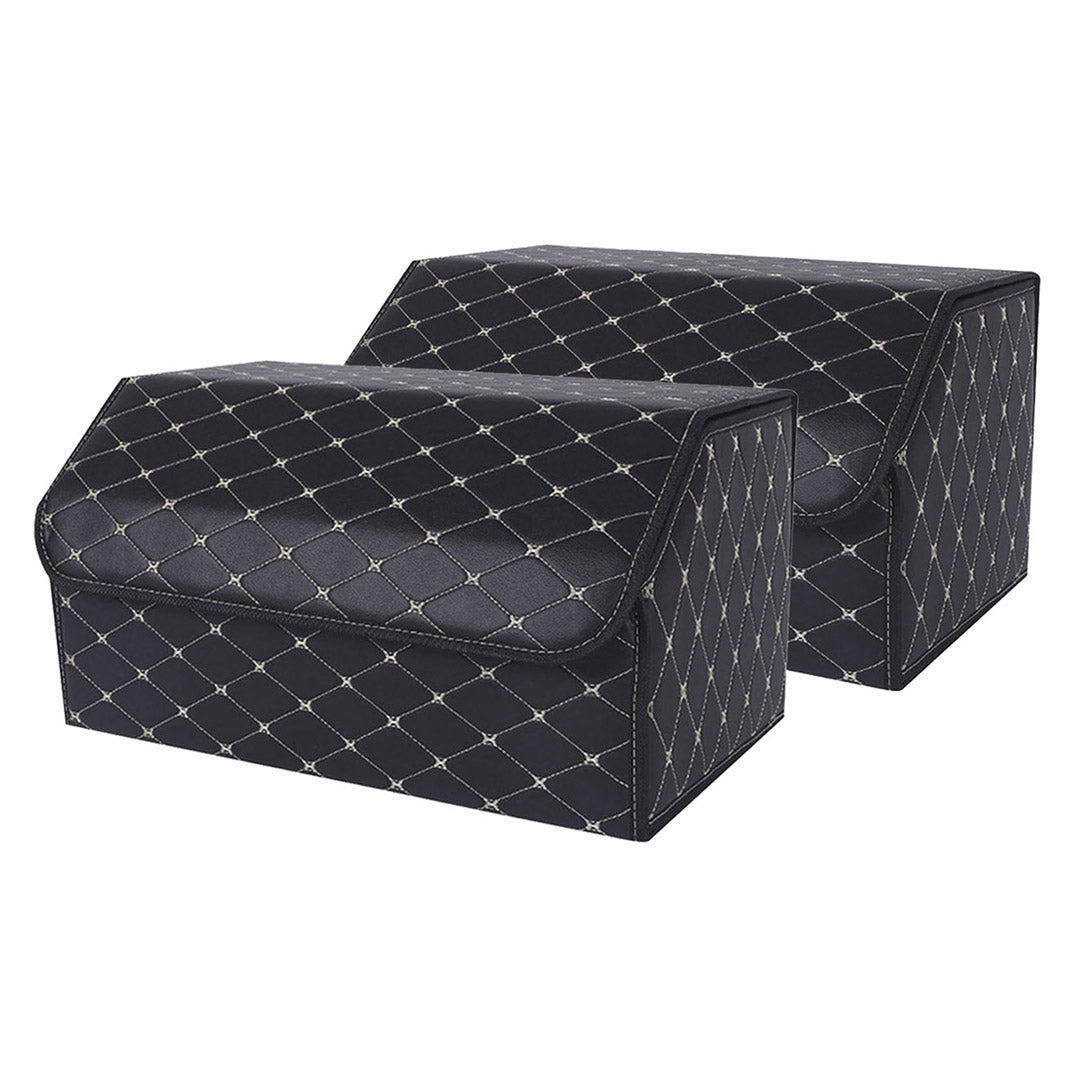 SOGA 2X Leather Car Boot Collapsible Foldable Trunk Cargo Organizer Portable Storage Box Black/Gold Stitch Large - Cafe Supply