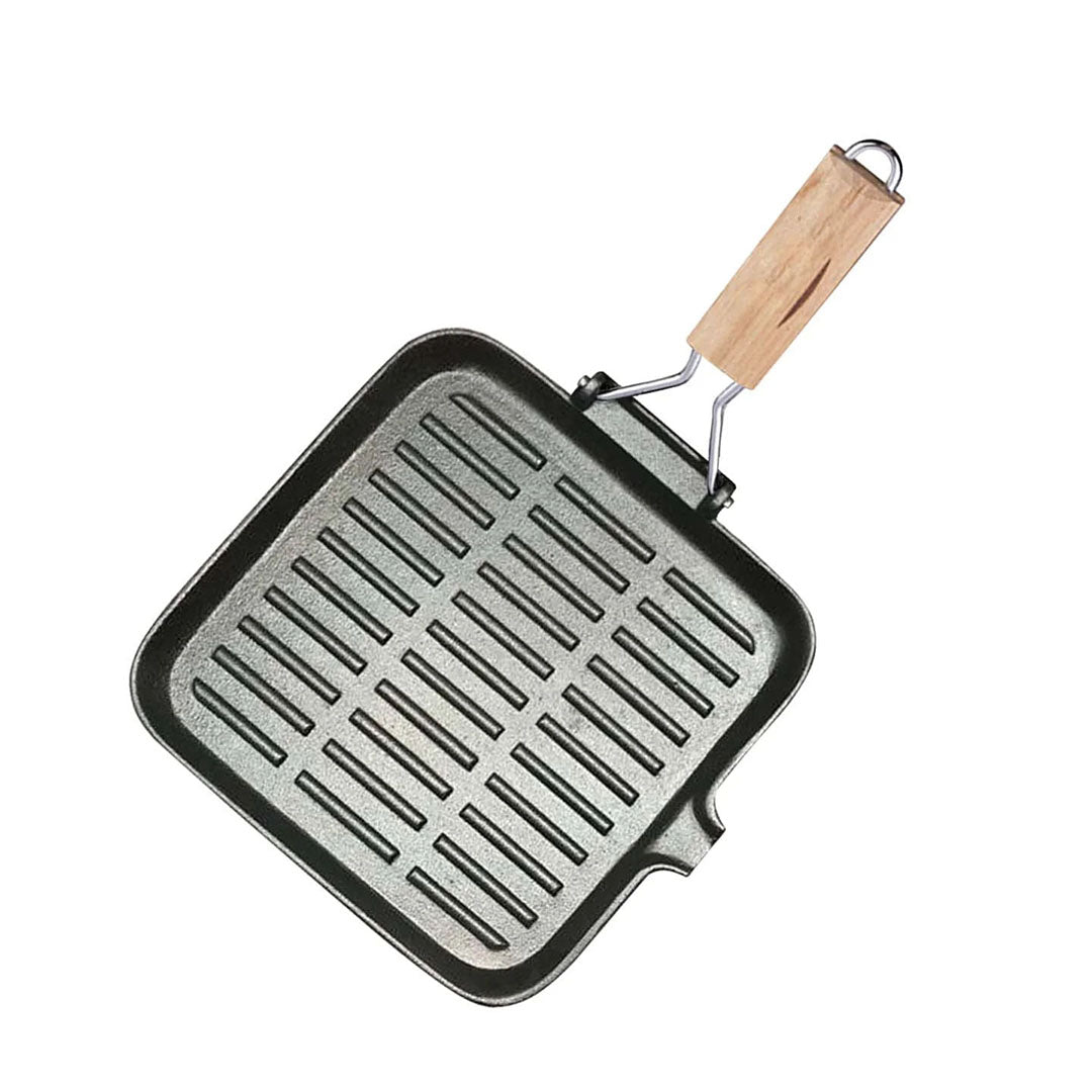 SOGA 24cm Ribbed Cast Iron Square Steak Frying Grill Skillet Pan with Folding Wooden Handle - Cafe Supply