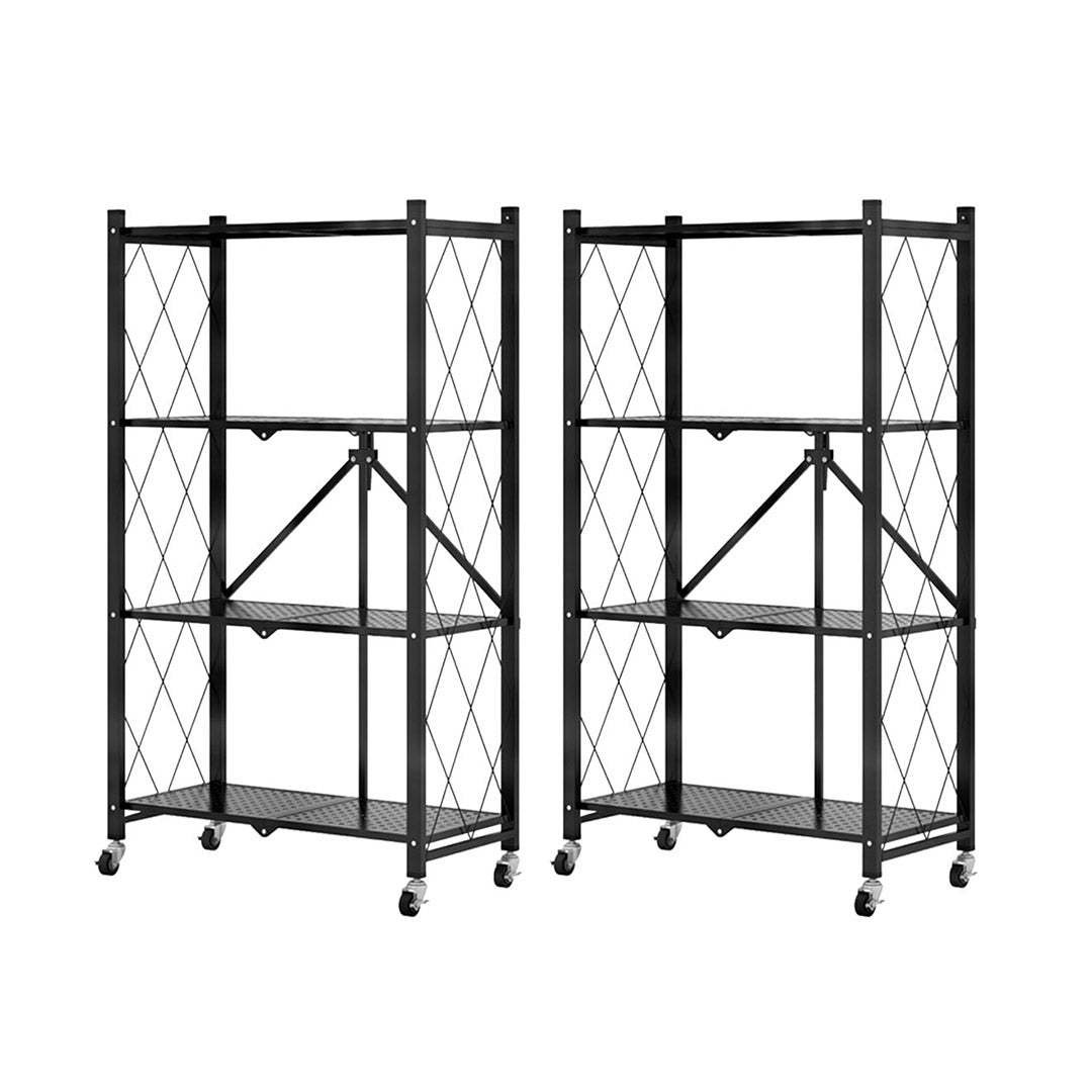 SOGA 2X 4 Tier Steel Black Foldable Kitchen Cart Multi-Functional Shelves Portable Storage Organizer with Wheels - Cafe Supply