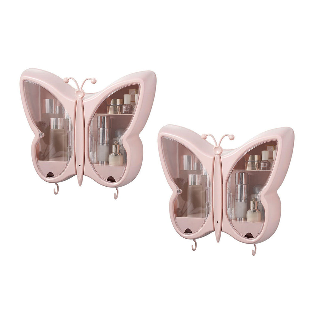 SOGA 2X Pink Butterfly Shape Wall-Mounted Makeup Organiser Dustproof Waterproof Bathroom Storage Box Home Decor - Cafe Supply