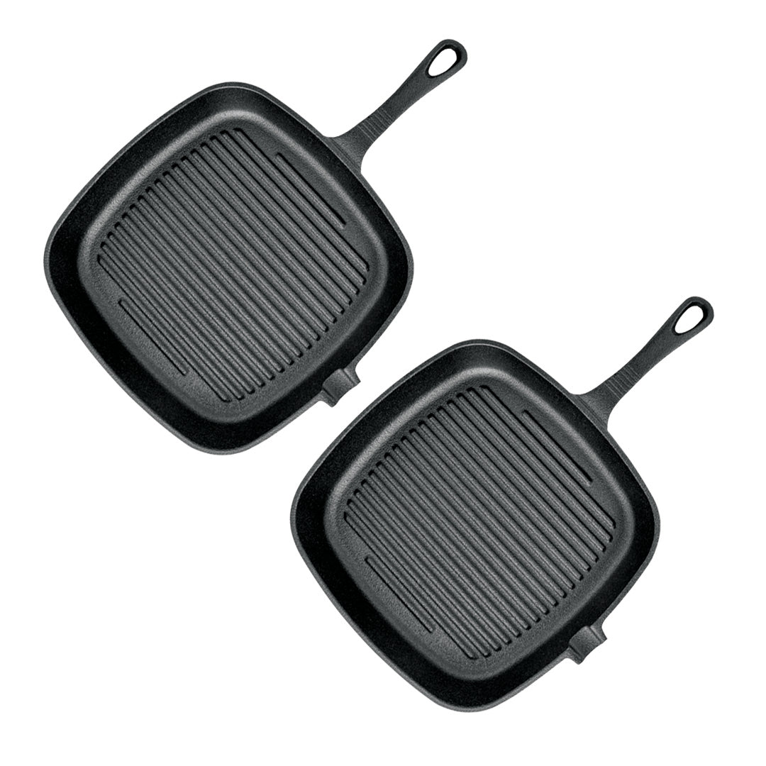 SOGA 2X 23.5cm Square Ribbed Cast Iron Frying Pan Skillet Steak Sizzle Platter with Handle - Cafe Supply