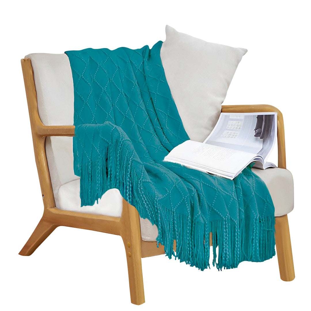 SOGA Teal Diamond Pattern Knitted Throw Blanket Warm Cozy Woven Cover Couch Bed Sofa Home Decor with Tassels - Cafe Supply