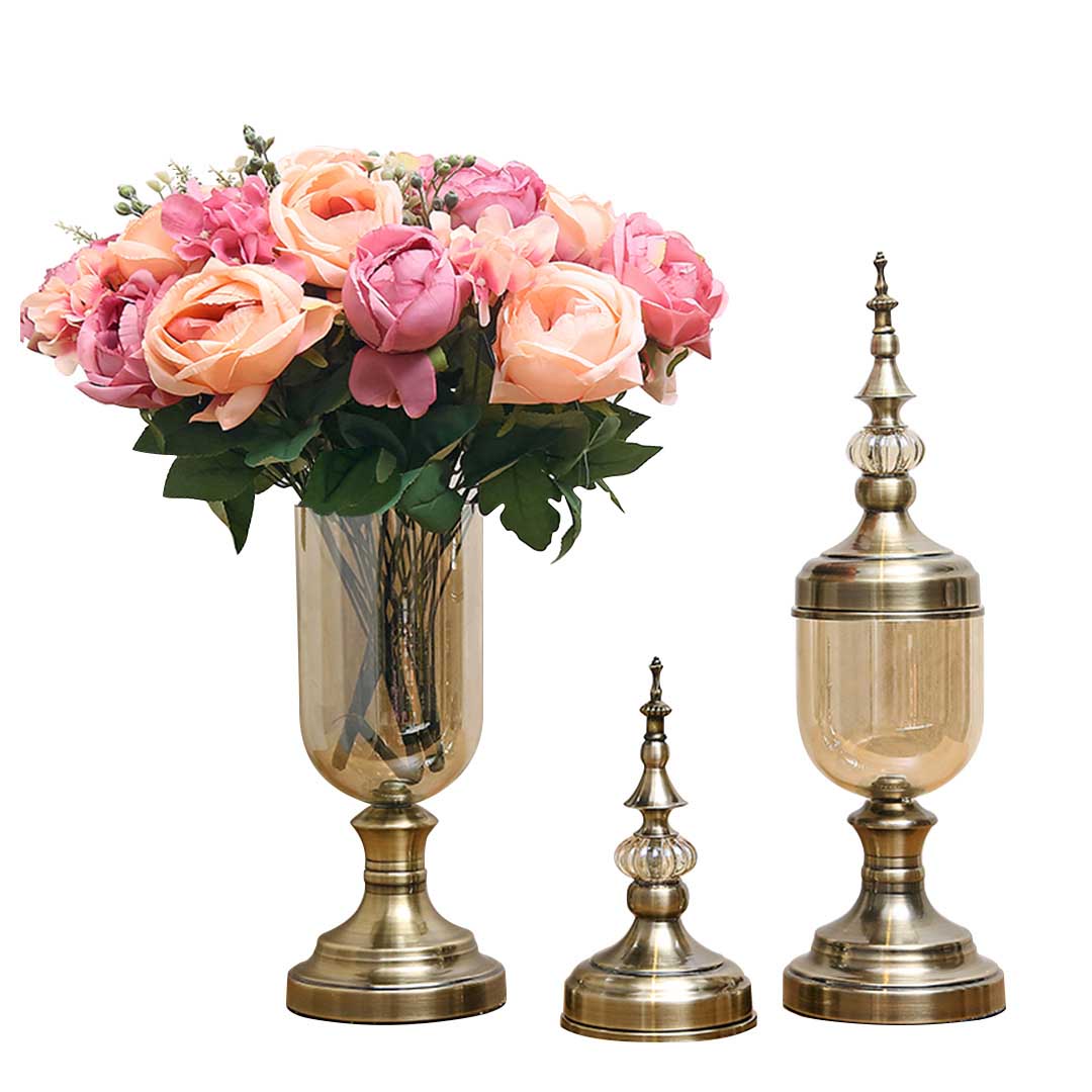 SOGA 2X Clear Glass Flower Vase with Lid and Pink Flower Filler Vase Bronze Set - Cafe Supply