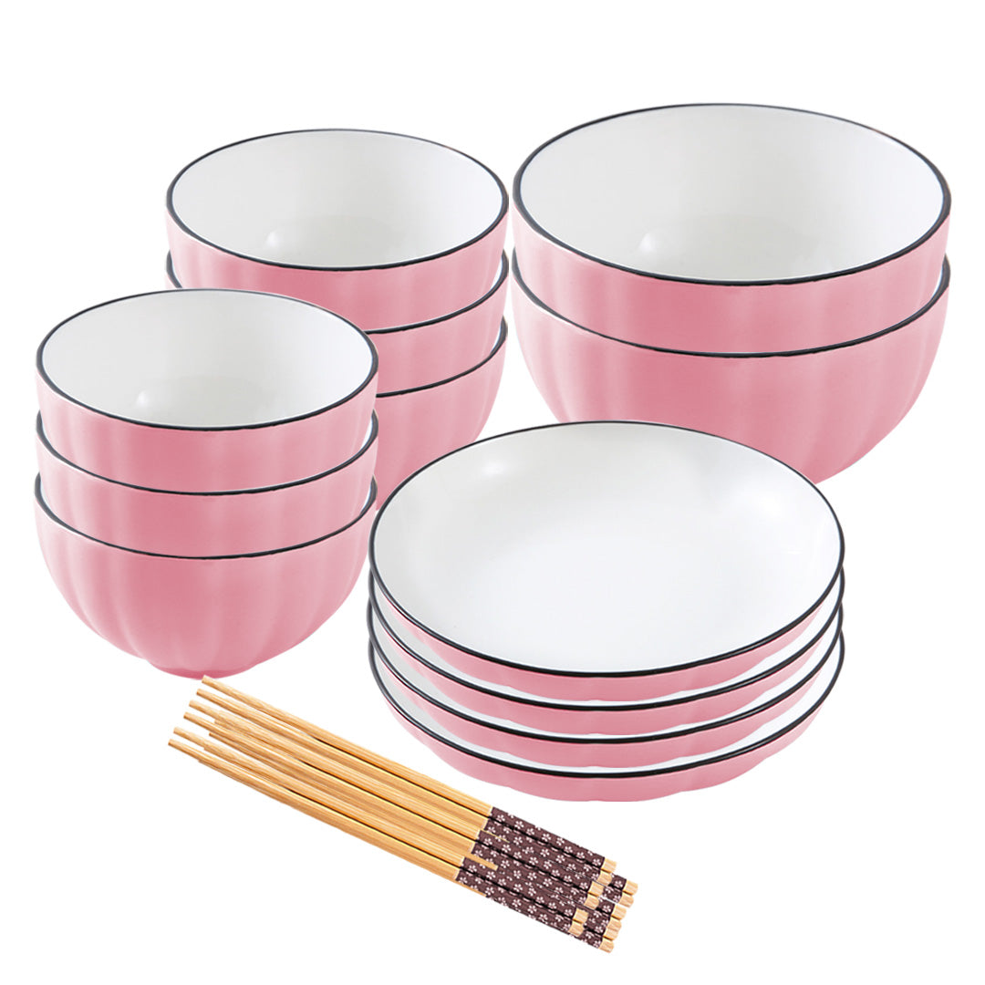 SOGA Pink Japanese Style Ceramic Dinnerware Crockery Soup Bowl Plate Server Kitchen Home Decor Set of 12 - Cafe Supply