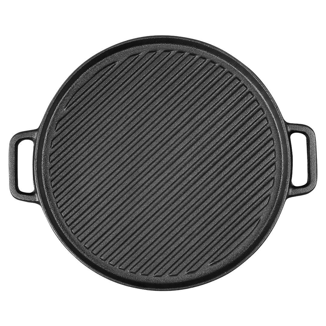 SOGA 30cm Round Cast Iron Ribbed BBQ Pan Skillet Steak Sizzle Platter with Handle - Cafe Supply