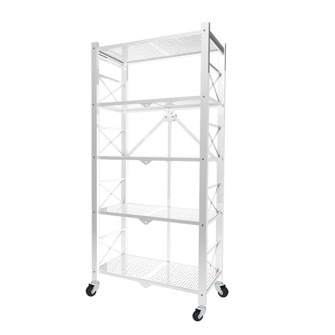SOGA 5 Tier Steel White Foldable Display Stand Multi-Functional Shelves Portable Storage Organizer with Wheels - Cafe Supply