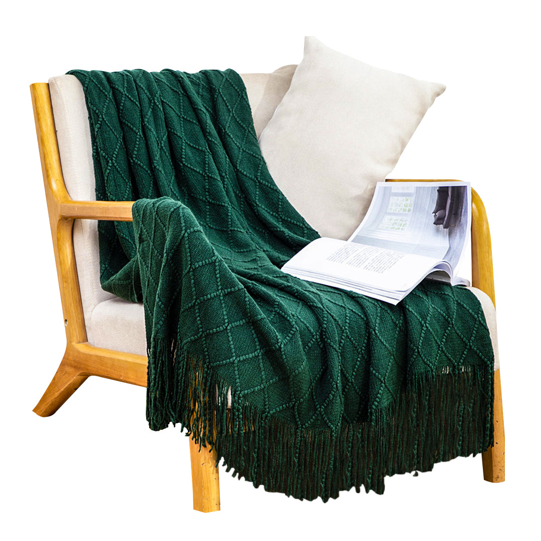 SOGA Green Diamond Pattern Knitted Throw Blanket Warm Cozy Woven Cover Couch Bed Sofa Home Decor with Tassels - Cafe Supply
