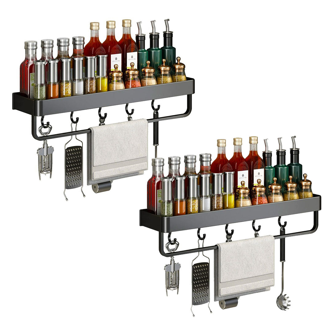 SOGA 2X 52cm Black Wall-Mounted Rectangular Kitchen Spice Storage Organiser Space Saving Condiments Shelf Rack with Hooks - Cafe Supply