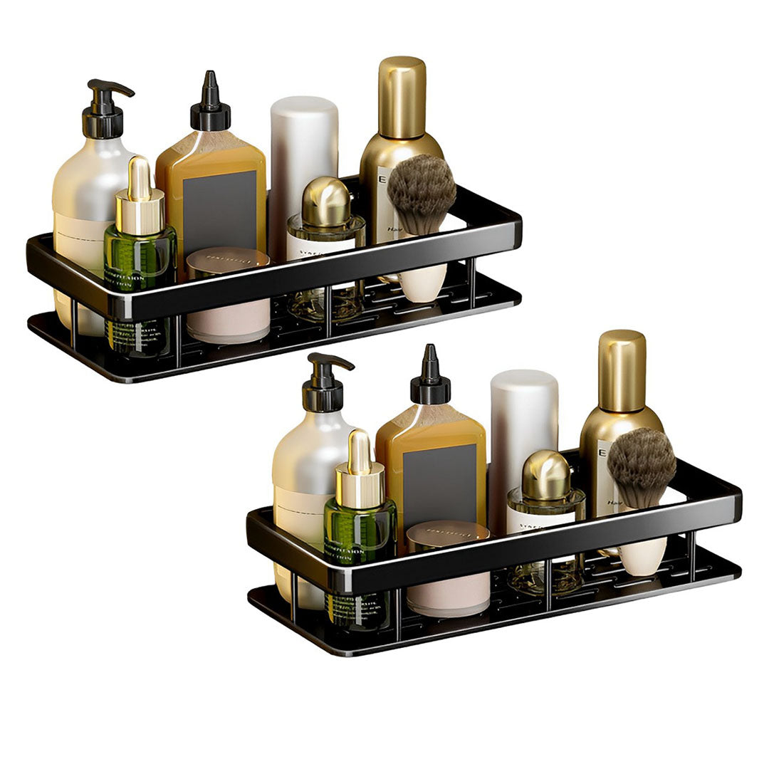 SOGA 2X Black Wall-Mounted Rectangular Bathroom Storage Organiser Space Saving Adhesive Shelf Rack - Cafe Supply
