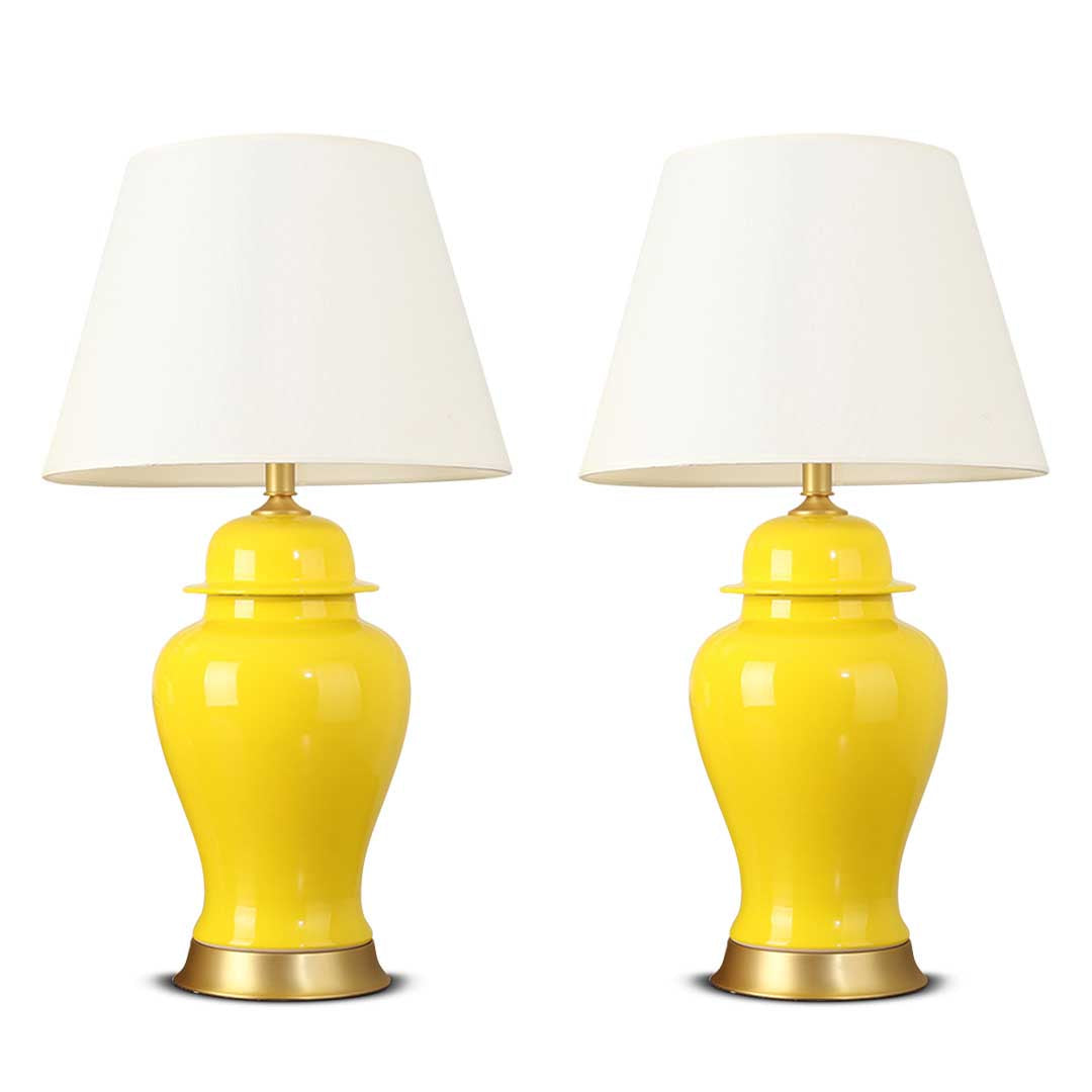SOGA 2X Oval Ceramic Table Lamp with Gold Metal Base Desk Lamp Yellow - Cafe Supply