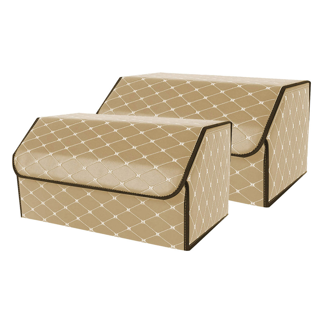 SOGA 2X Leather Car Boot Collapsible Foldable Trunk Cargo Organizer Portable Storage Box Beige/Gold Stitch Large - Cafe Supply
