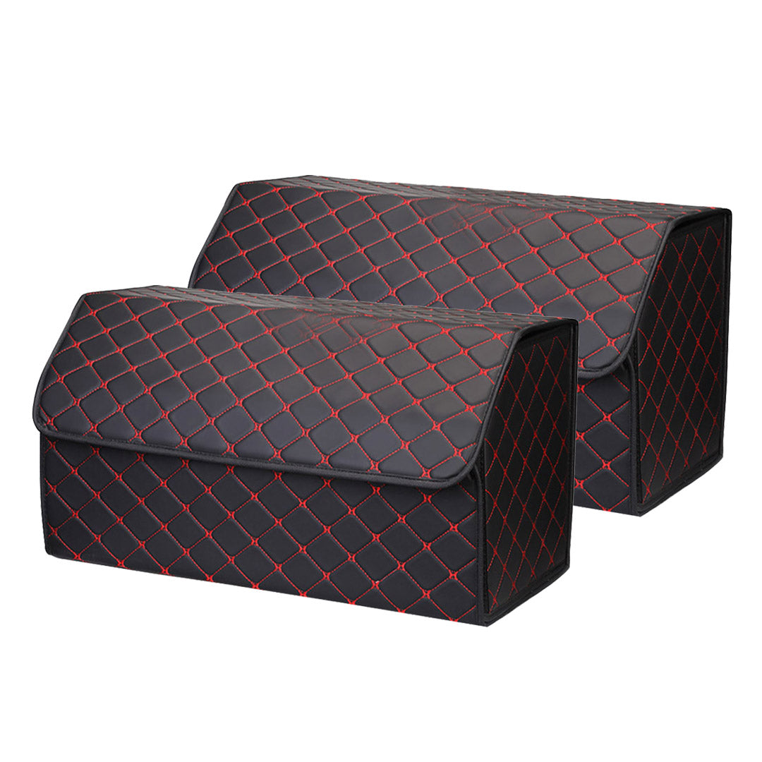 SOGA 2X Leather Car Boot Collapsible Foldable Trunk Cargo Organizer Portable Storage Box Black/Red Stitch Large - Cafe Supply
