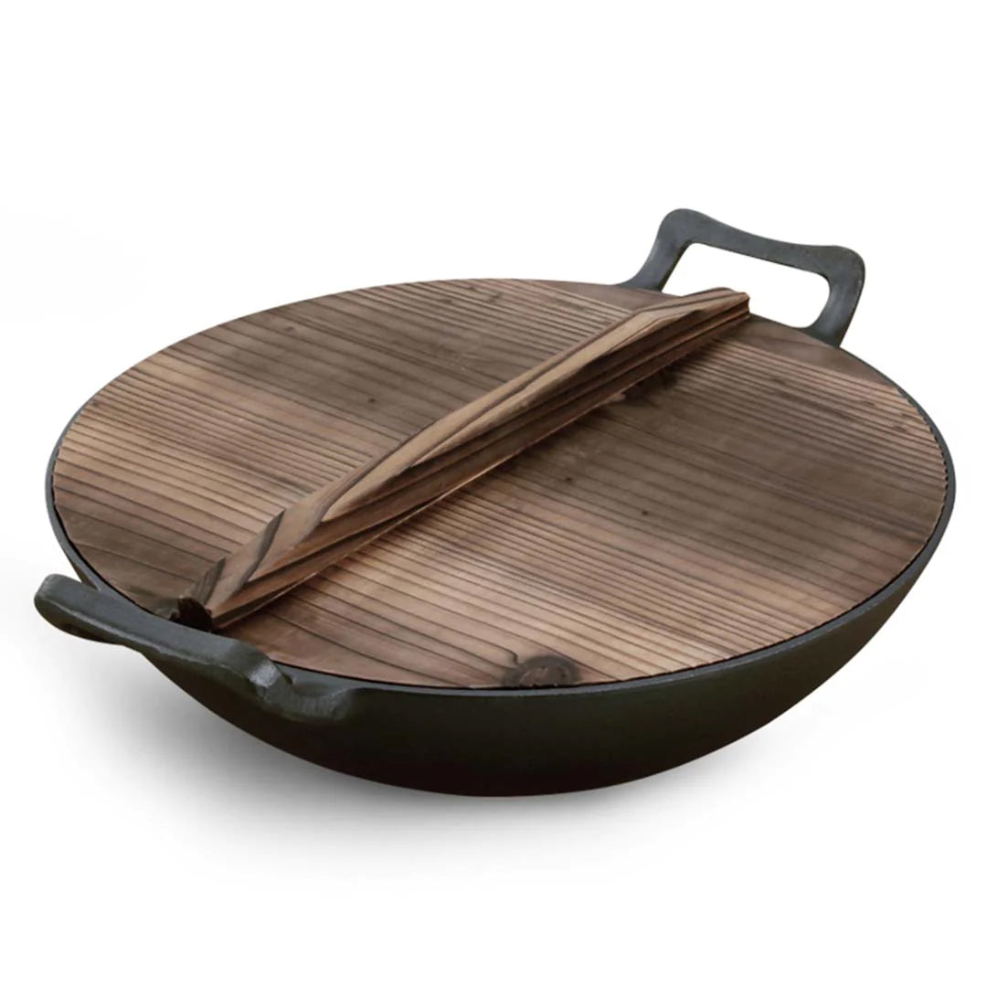 SOGA 36CM Commercial Cast Iron Wok FryPan with Wooden Lid Fry Pan - Cafe Supply