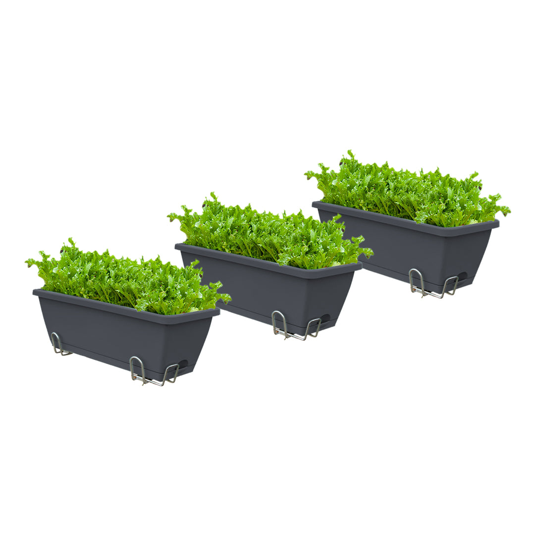 SOGA 49.5cm Black Rectangular Planter Vegetable Herb Flower Outdoor Plastic Box with Holder Balcony Garden Decor Set of 3 - Cafe Supply