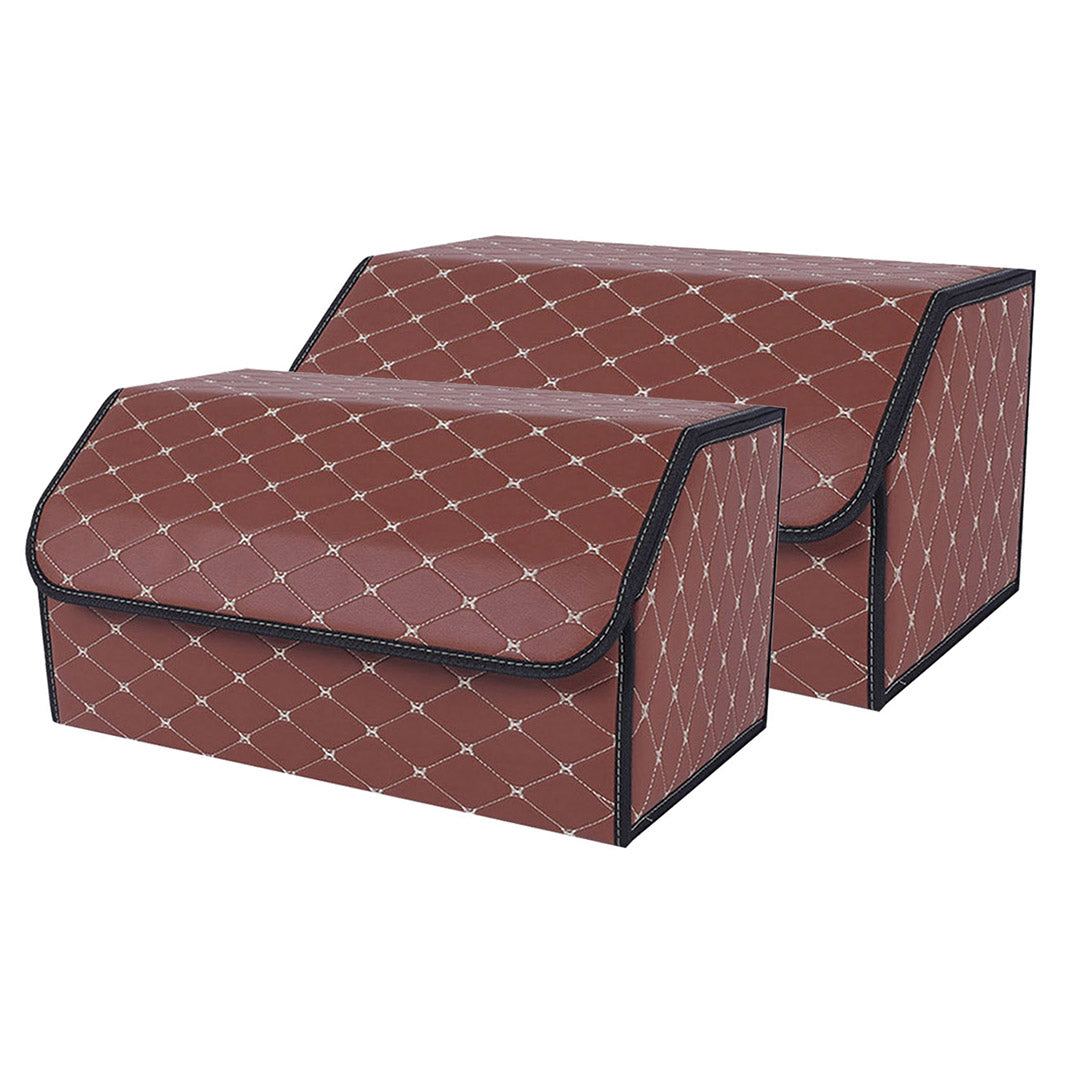 SOGA 2X Leather Car Boot Collapsible Foldable Trunk Cargo Organizer Portable Storage Box Coffee/Gold Stitch Large - Cafe Supply