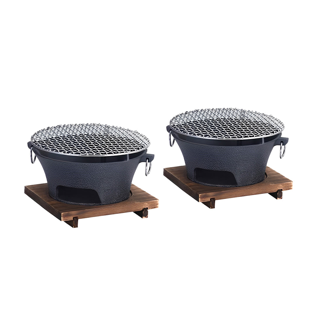 SOGA 2X Small Cast Iron Round Stove Charcoal Table Net Grill Japanese Style BBQ Picnic Camping with Wooden Board - Cafe Supply