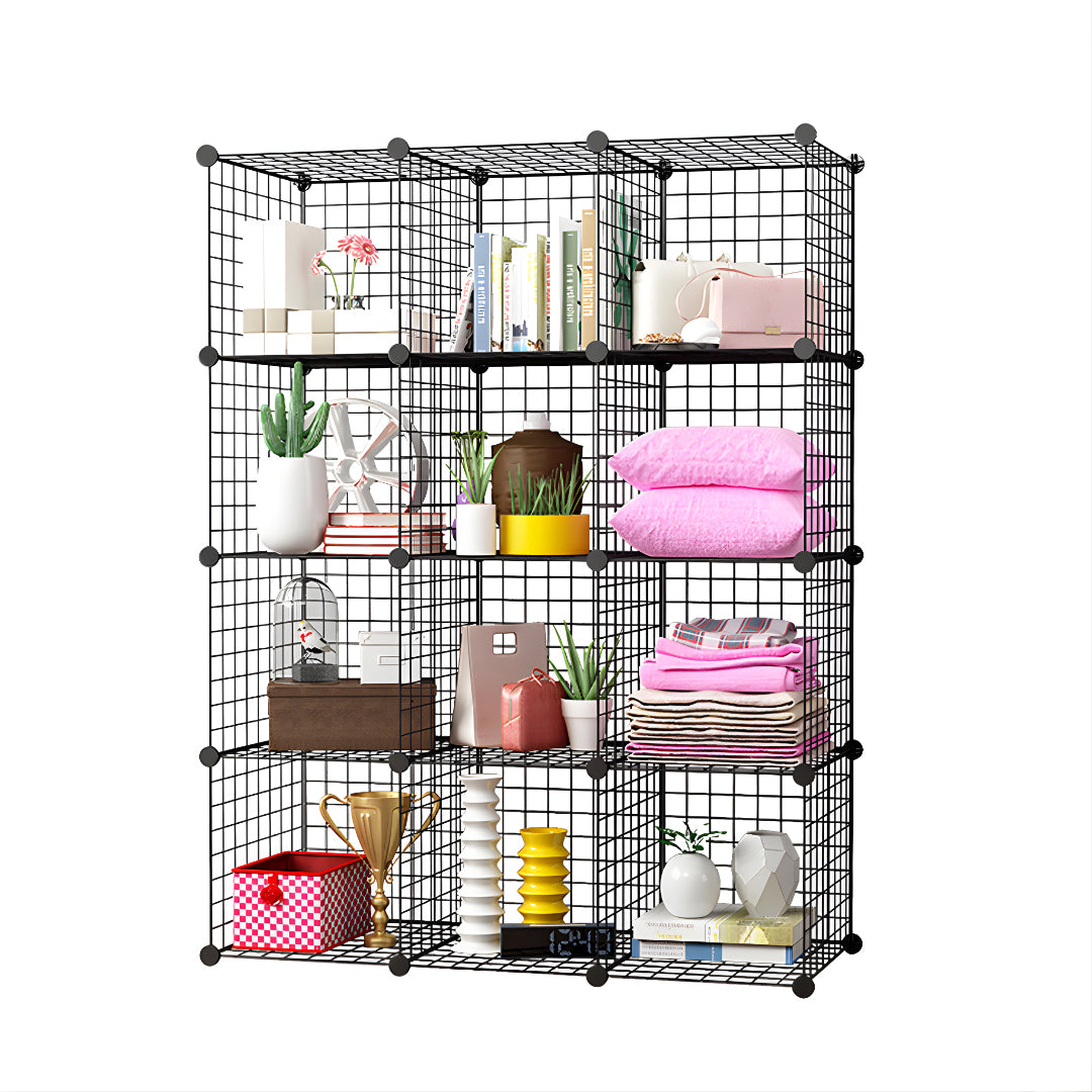 SOGA Black Portable 12-Cube Storage Organiser Foldable DIY Modular Grid Space Saving Shelf - Cafe Supply