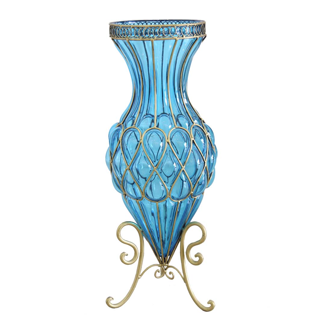 SOGA 67cm Blue Glass Tall Floor Vase with Metal Flower Stand - Cafe Supply