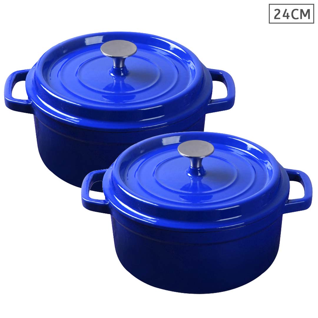 SOGA 2X Cast Iron 24cm Enamel Porcelain Stewpot Casserole Stew Cooking Pot With Lid Blue - Cafe Supply