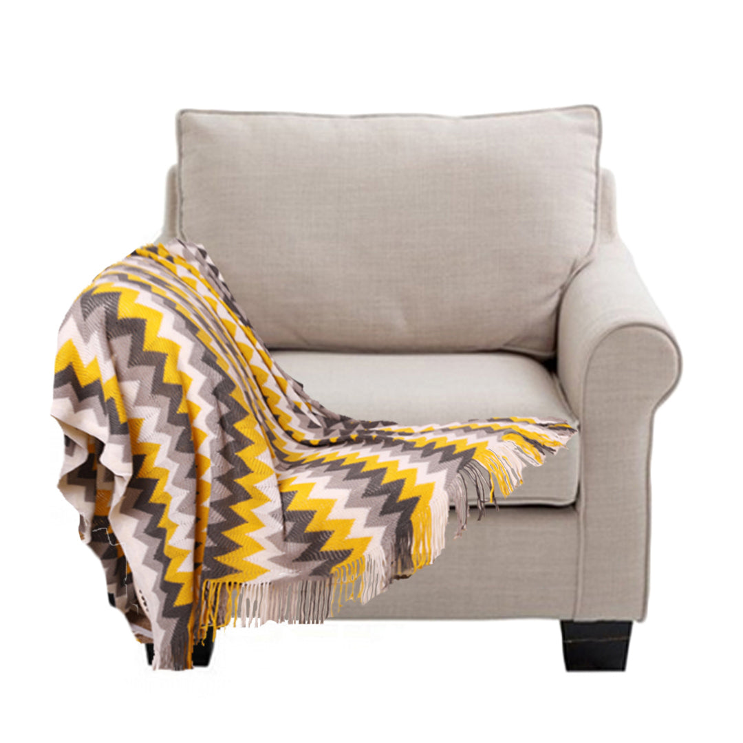 SOGA 220cm Yellow Zigzag Striped Throw Blanket Acrylic Wave Knitted Fringed Woven Cover Couch Bed Sofa Home Decor - Cafe Supply